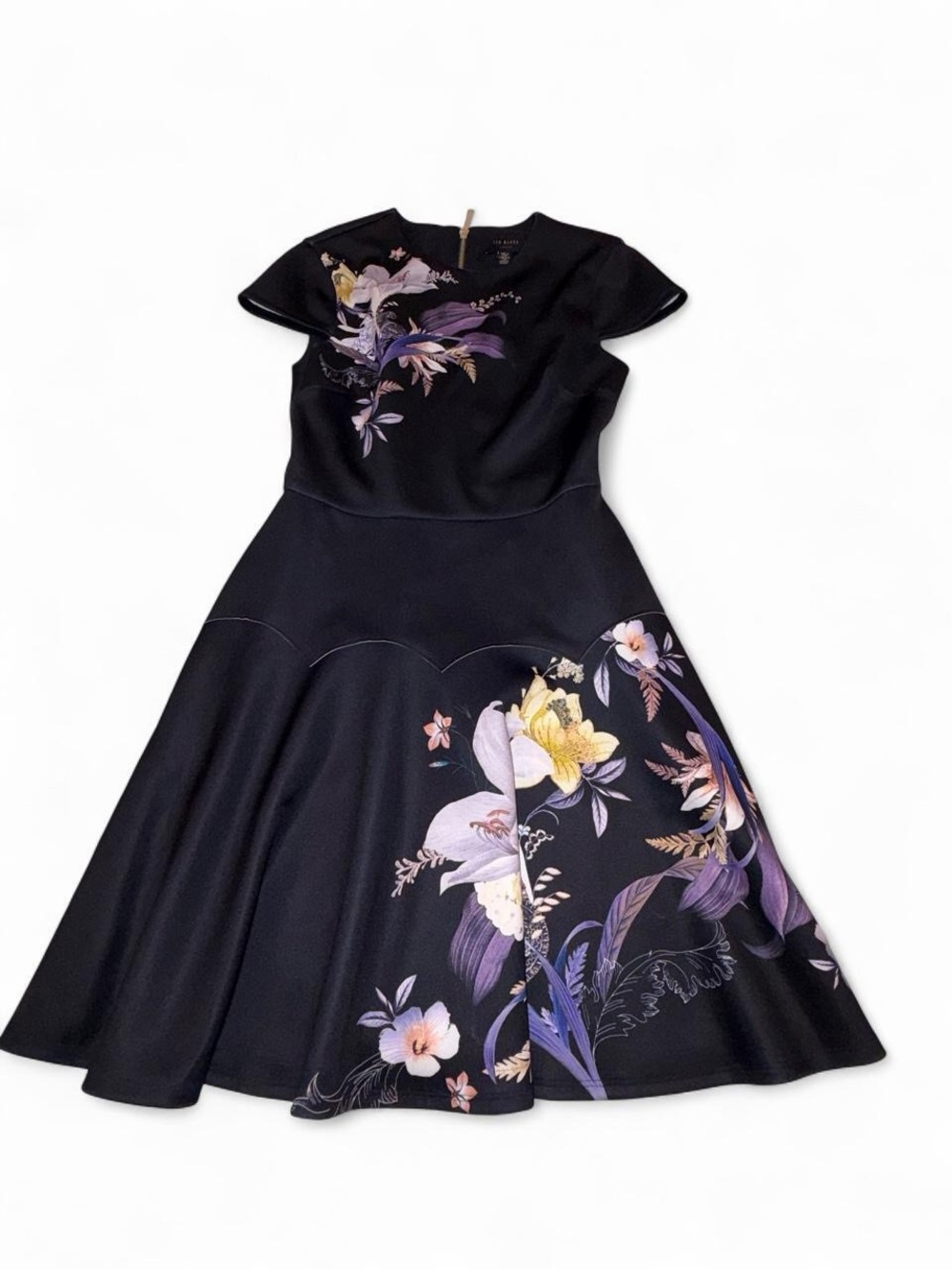 Ted Baker Black Floral Fit & Flare Decadence Dress with Purple and Cream Accents - Picture 2 of 6
